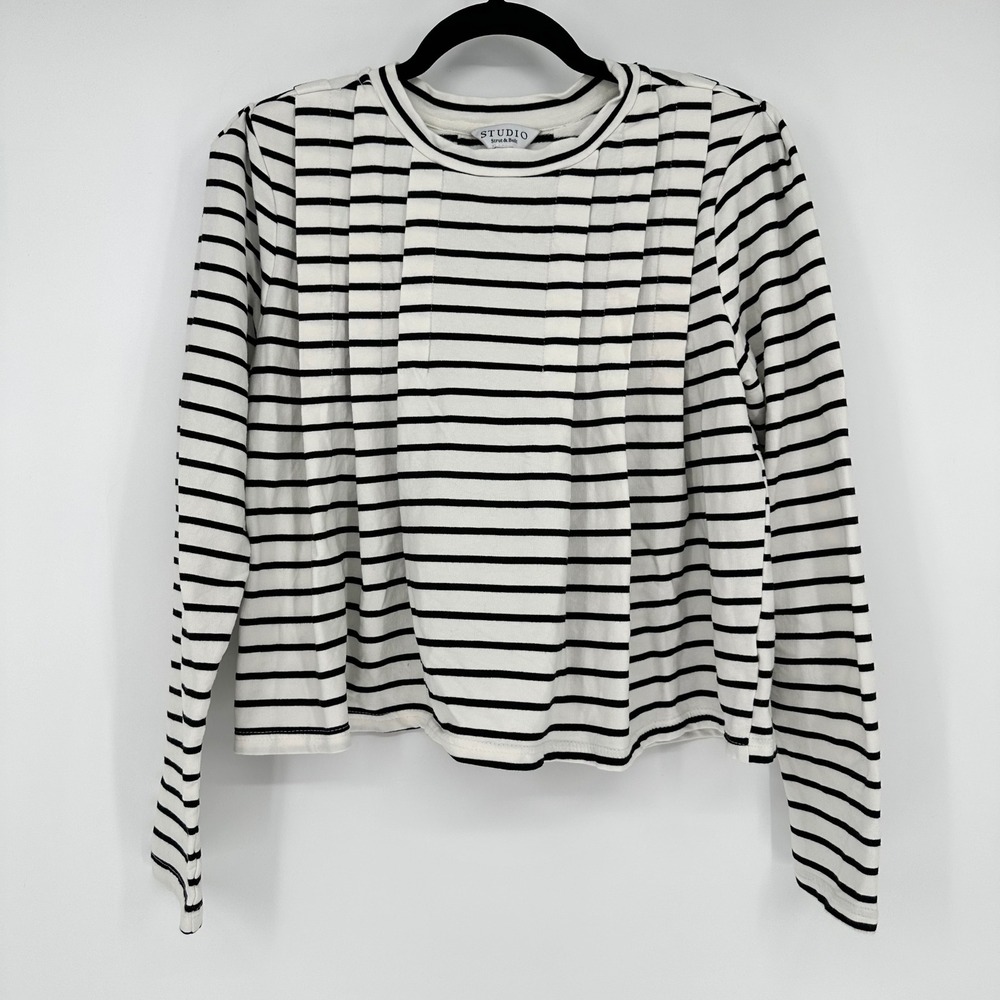 Studio Strut & Bolt White Striped Pintuck Pleated Long Sleeve Top Fall Boho S